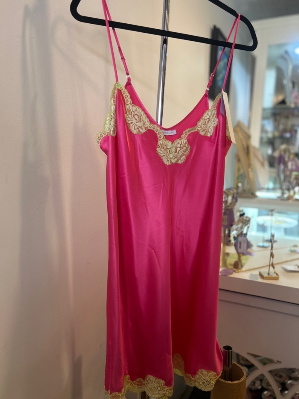 Silky Hot Pink Light Chartruce Lace-Trim Slip Dress/chemise.